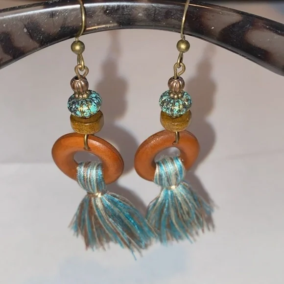 2 pairs! Boho wood and bead tassel earrings & blue green aquamarine earrings - Picture 3 of 6